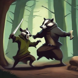 A dynamic scene of a brave badger fighting a goblin in a fantasy setting