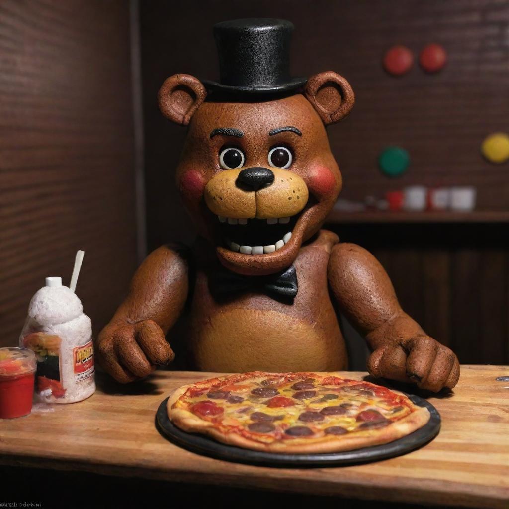 Freddy Fazbear from Five Nights at Freddy's joyfully situated in his home, a bustling pizzeria filled with arcade games, colorful decorations, and the irresistible aroma of baking pizza.