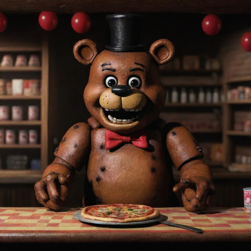 Freddy Fazbear from Five Nights at Freddy's joyfully situated in his home, a bustling pizzeria filled with arcade games, colorful decorations, and the irresistible aroma of baking pizza.