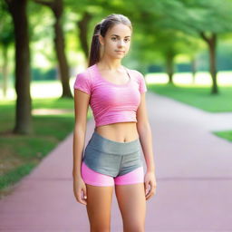 Create an image of a teenage girl wearing yoga shorts and a tight pink top