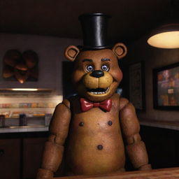 Freddy Fazbear from Five Nights at Freddy's joyfully situated in his home, a bustling pizzeria filled with arcade games, colorful decorations, and the irresistible aroma of baking pizza.