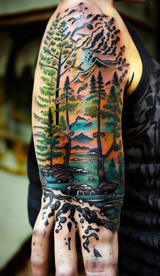 Editorial photograph showcasing an intricate nature-themed arm sleeve tattoo featuring mountains, forest, river, meadow with wildflowers and butterflies, and ocean.