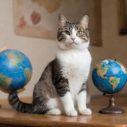 A cute and playful cat seated, entranced by a beautiful painting of an earth globe in front of it.