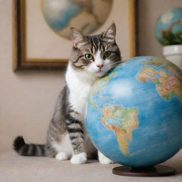 A cute and playful cat seated, entranced by a beautiful painting of an earth globe in front of it.