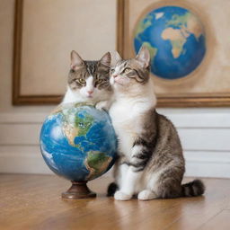 A cute and playful cat seated, entranced by a beautiful painting of an earth globe in front of it.