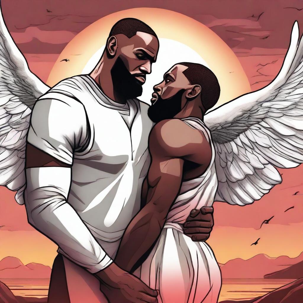 A detailed illustration of LeBron James breaking up with a black angel