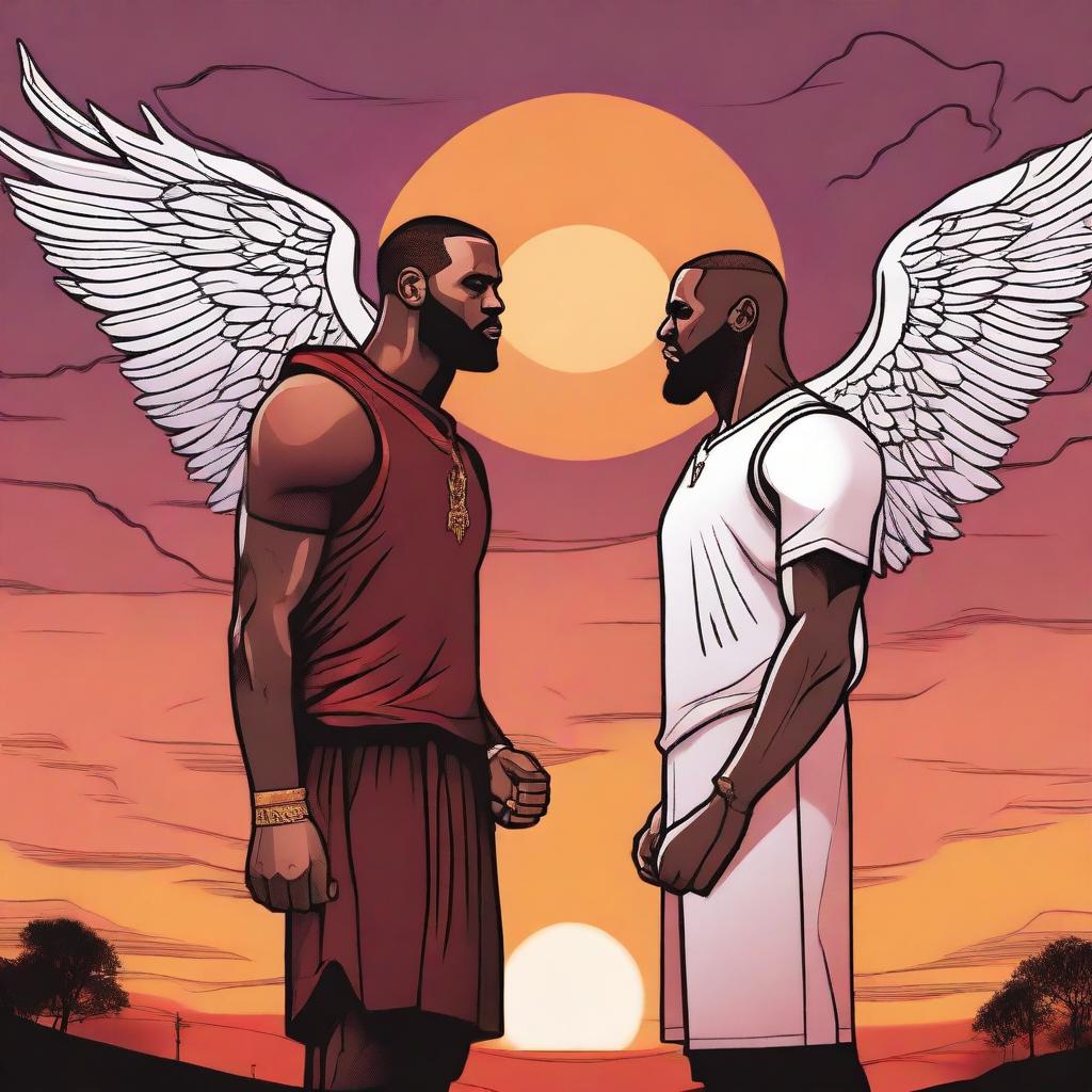 A detailed illustration of LeBron James breaking up with a black angel