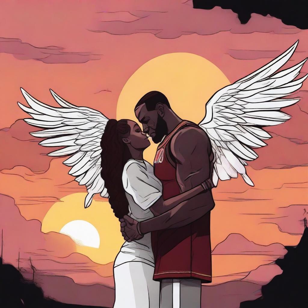 A detailed illustration of LeBron James breaking up with a short black female angel