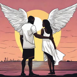 A detailed illustration of LeBron James breaking up with a short black female angel