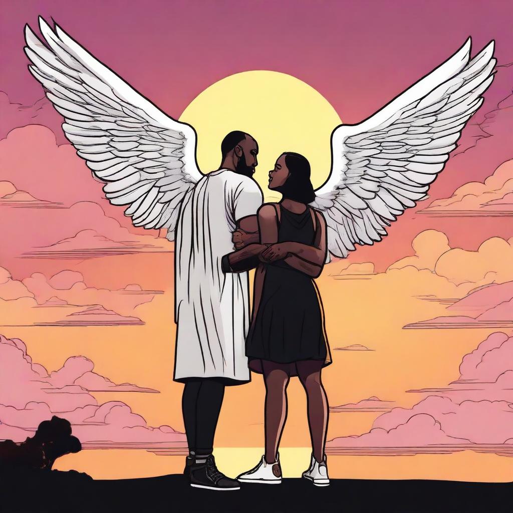 A detailed illustration of LeBron James breaking up with a short black female angel