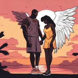 A detailed illustration of LeBron James breaking up with a short black female angel