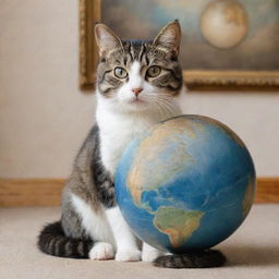 A cute and playful cat seated, entranced by a beautiful painting of an earth globe in front of it.