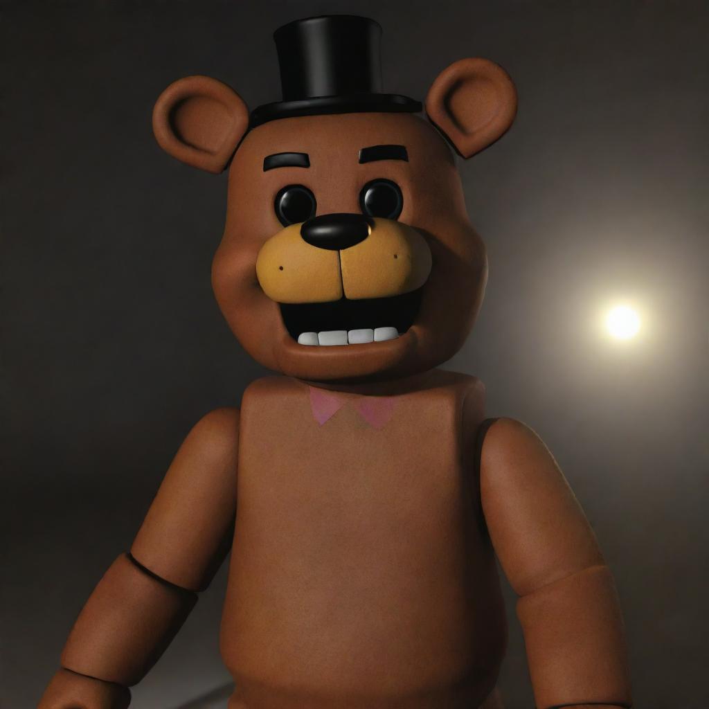 Freddy Fazbear from Five Nights at Freddy's integrated into the world of Roblox. He is exploring the digital landscape and interacting with the diverse setting and characters.