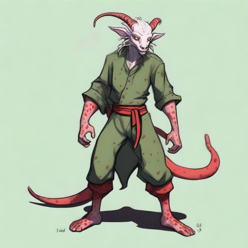 A white Tiefling with red spots on his face, hands, and feet