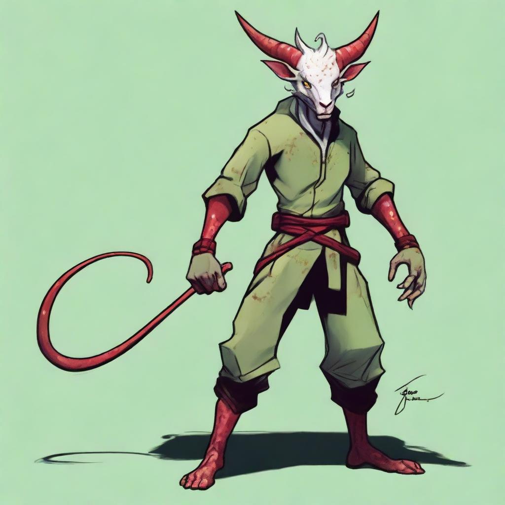 A white Tiefling with red spots on his face, hands, and feet