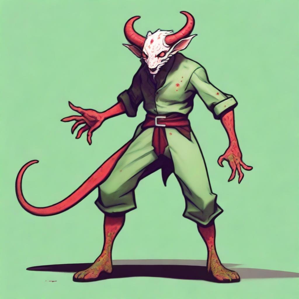 A white humanoid Tiefling with red spots on his face, hands, and feet