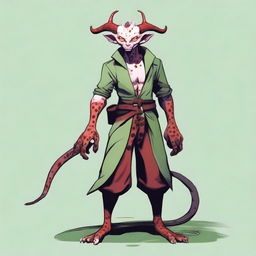 A white humanoid Tiefling with red spots on his face, hands, and feet