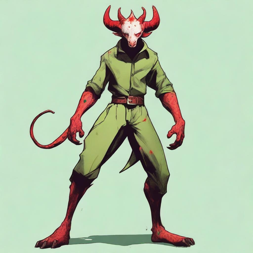 A white humanoid Tiefling with red spots on his face, hands, and feet