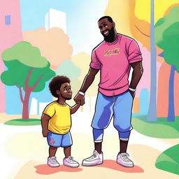 A whimsical illustration of LeBron James pretending to be a toddler to impress a beautiful woman