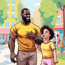 A whimsical illustration of LeBron James pretending to be a toddler to impress a beautiful woman