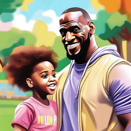 A whimsical illustration of LeBron James pretending to be a toddler to impress a beautiful woman