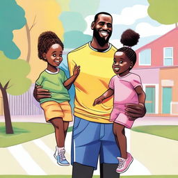 A whimsical illustration of LeBron James pretending to be a toddler to impress a beautiful woman