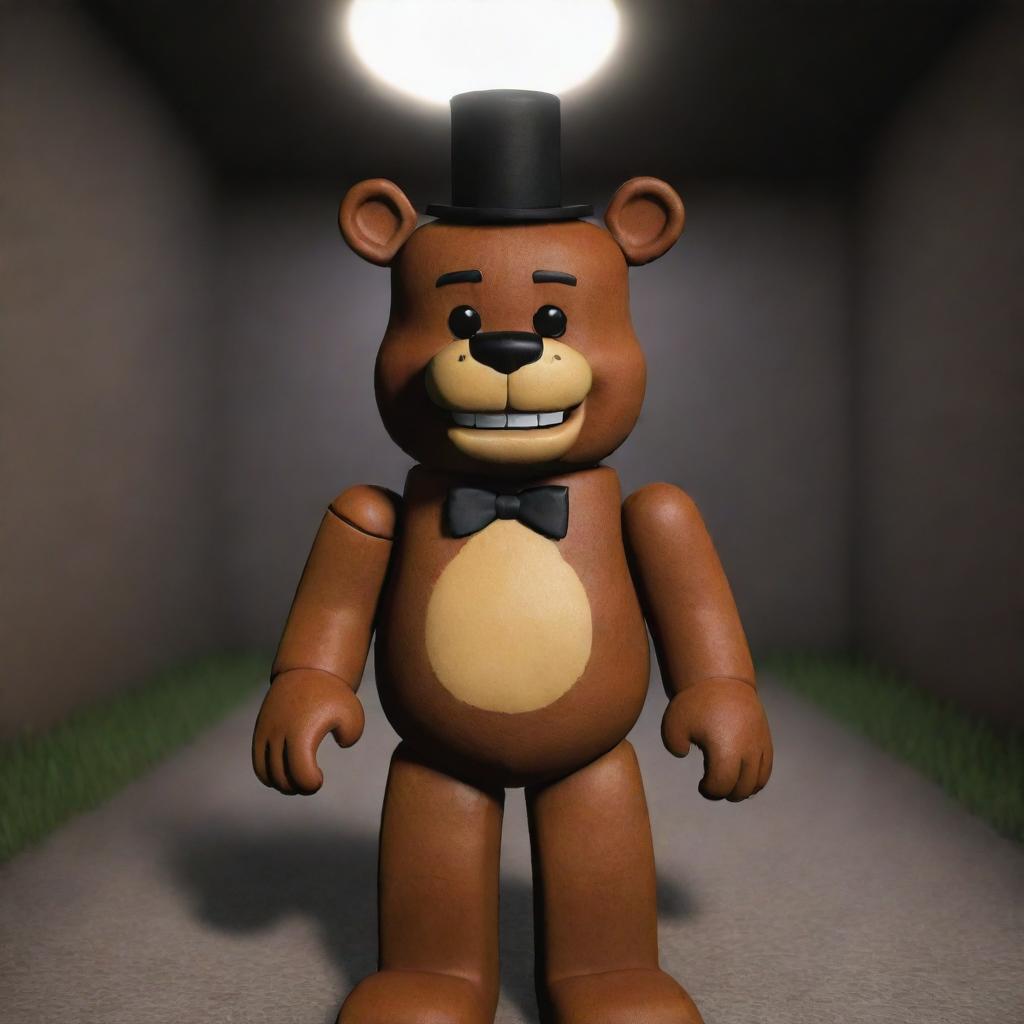 Freddy Fazbear from Five Nights at Freddy's integrated into the world of Roblox. He is exploring the digital landscape and interacting with the diverse setting and characters.