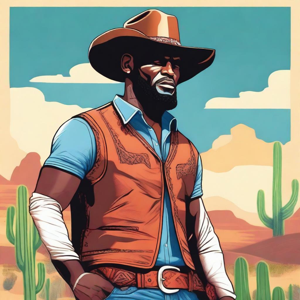 A vibrant illustration of LeBron James dressed as a cowboy