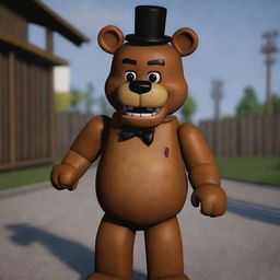 Freddy Fazbear from Five Nights at Freddy's integrated into the world of Roblox. He is exploring the digital landscape and interacting with the diverse setting and characters.