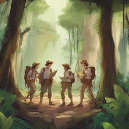 A group of adventurers on a treasure hunt, exploring an ancient, mysterious jungle