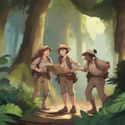 A group of adventurers on a treasure hunt, exploring an ancient, mysterious jungle