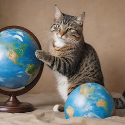 A photorealistic image of a playful tabby cat sitting and amusingly pawing at a canvass painting featuring an earth globe.