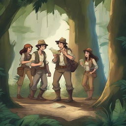 A group of adventurers on a treasure hunt, exploring an ancient, mysterious jungle