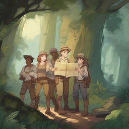 A group of adventurers on a treasure hunt, exploring an ancient, mysterious jungle