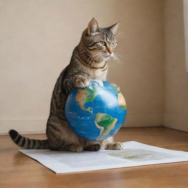 A photorealistic image of a playful tabby cat sitting and amusingly pawing at a canvass painting featuring an earth globe.