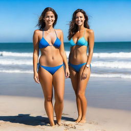 A full-length image of a girl on the beach wearing a bikini, enjoying the sunny weather and the waves