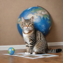 A photorealistic image of a playful tabby cat sitting and amusingly pawing at a canvass painting featuring an earth globe.