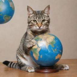 A photorealistic image of a playful tabby cat sitting and amusingly pawing at a canvass painting featuring an earth globe.