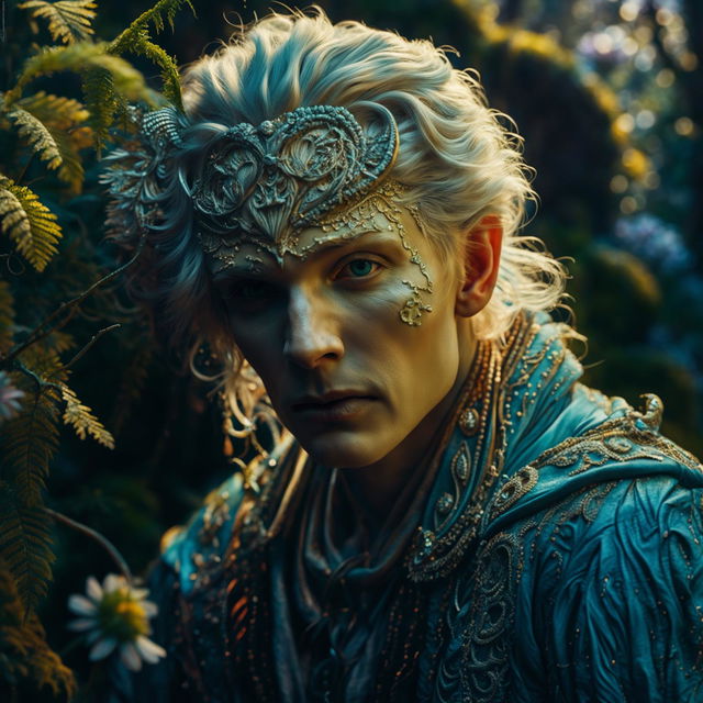 Hyper-realistic 3D rococo photograph of a Russian elf man in a mystical forest, with an intense close-up of his intricately detailed face. The image is high definition, with immaculate composition and lighting, exuding fantasy and spirit vibes.