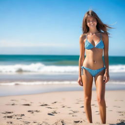 A full-length image of a girl on the beach wearing a bikini