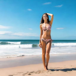 A full-length image of a girl on the beach wearing a bikini