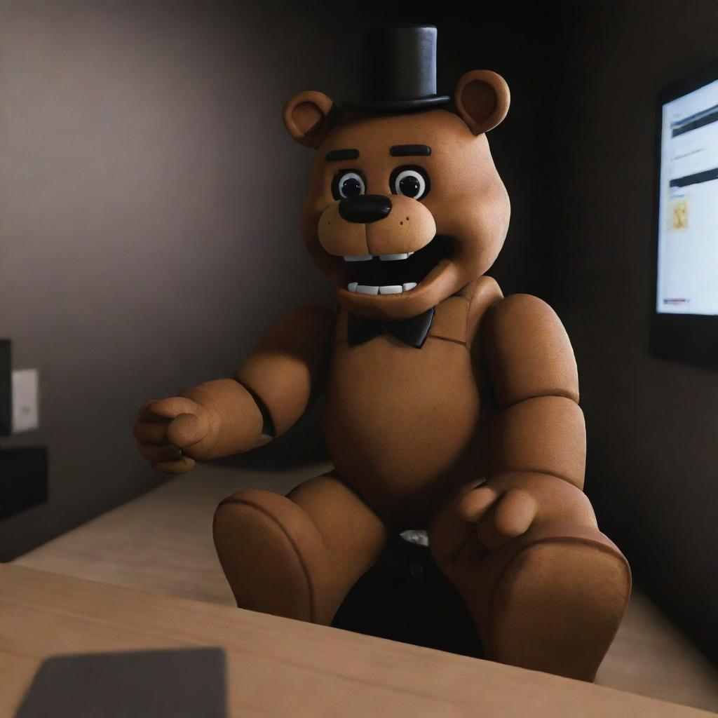 Freddy Fazbear from Five Nights at Freddy's engaging in a captivating game of Roblox. He is enthusiastically controlling his virtual counterpart through the diverse worlds and adventures of the game.