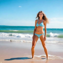 A full-length image of a girl on the beach wearing a bikini