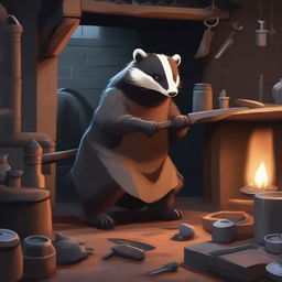 A detailed scene of a badger working at a forge in a medieval fantasy setting