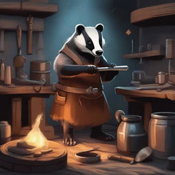 A detailed scene of a badger working at a forge in a medieval fantasy setting