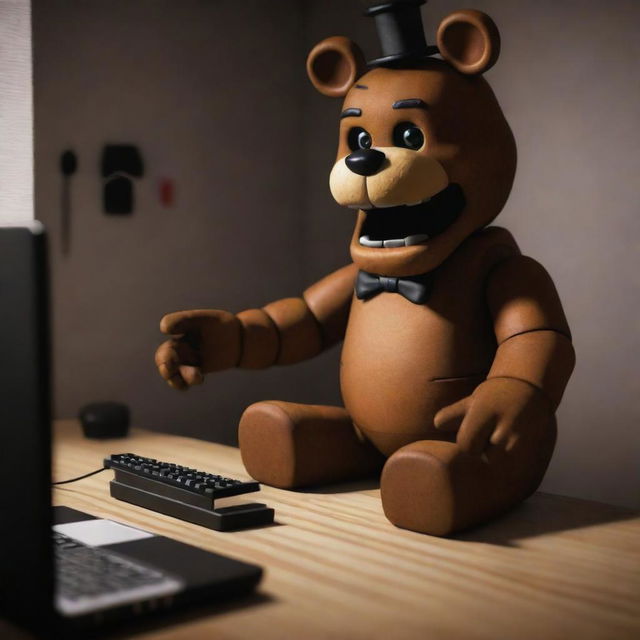 Freddy Fazbear from Five Nights at Freddy's engaging in a captivating game of Roblox. He is enthusiastically controlling his virtual counterpart through the diverse worlds and adventures of the game.