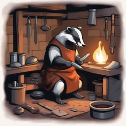 A detailed scene of a badger working at a forge in a medieval fantasy setting