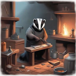 A detailed scene of a badger working at a forge in a medieval fantasy setting