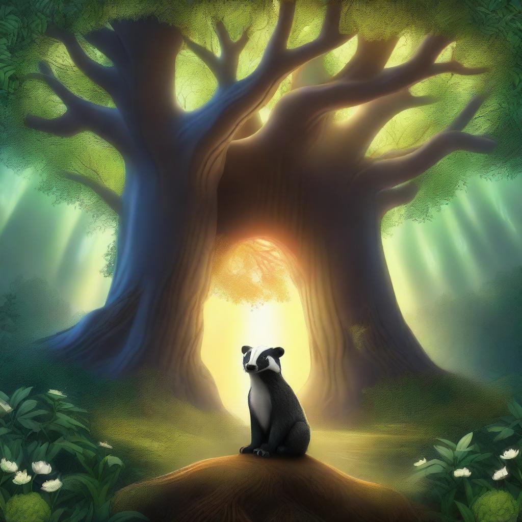 A serene scene featuring a badger standing before the majestic Tree of Life in a fantasy setting