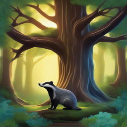 A serene scene featuring a badger standing before the majestic Tree of Life in a fantasy setting